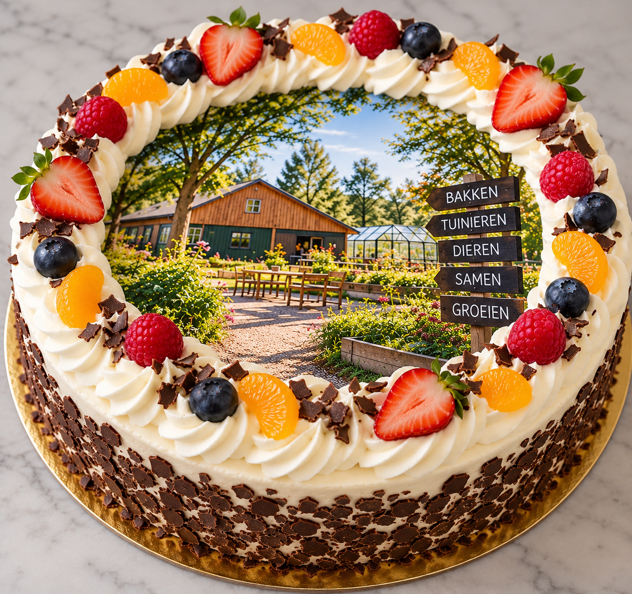 Feesttaart met tuinboerderij en fruit ronde taart Foto-/logotaart rond - Afbeelding 1